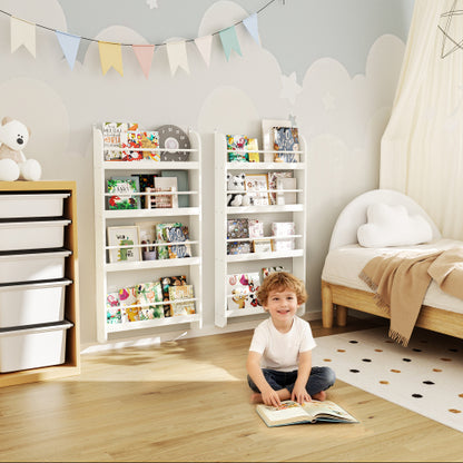 4-Tier Wall-Mounted Kids Bookshelf Anti-Tip Design High Safety Space-Saving Nursery Toy Book Organizer