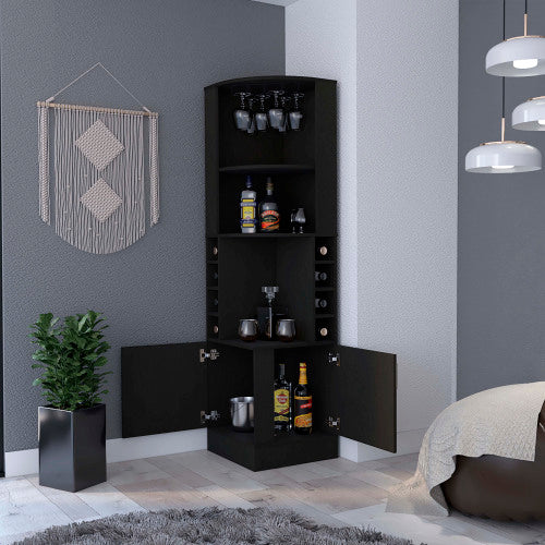 Corner Bar Cabinet, Eight Built-in Wine Rack, Glass Rack, Double Door Cabinet
