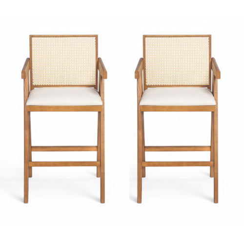 27inch Height, Cream Woven Cane Plastic Backrest Bar Stool - Foam-Padded Fabric Seat & Durable Rubberwood Frame