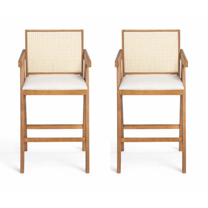 27inch Height, Cream Woven Cane Plastic Backrest Bar Stool - Foam-Padded Fabric Seat & Durable Rubberwood Frame