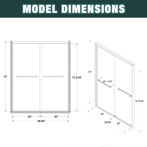 56-60"x74" Aluminum Frame Double Sliding Shower Door,Bypass Bathroom Sliding Door with Premium 1/4" (6mm) Clear Tempered Glass, Chrome Hardware Sliding Glass Shower Enclosure,Chrome Finished