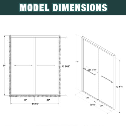 56-60"x74" Aluminum Frame Double Sliding Shower Door,Bypass Bathroom Sliding Door with Premium 1/4" (6mm) Clear Tempered Glass, Chrome Hardware Sliding Glass Shower Enclosure,Chrome Finished