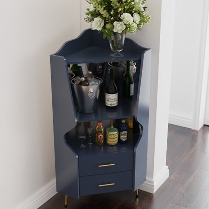 Wooden Corner bar cabinet with 2 open storage shelves and 2 drawers, mirrored back sideboard cabinet, high feet/legs for easy cleaning, buffet cabinet BLUE