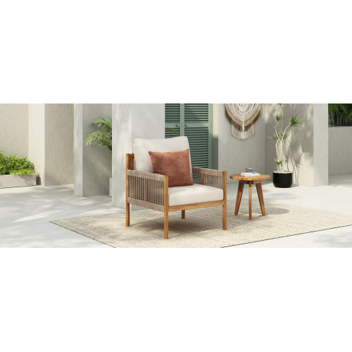 Modern Outdoor Woven Lounge Chair with Solid Wood Frame and Comfortable Polyester Cushions, Perfect for Patio, Garden, or Balcony