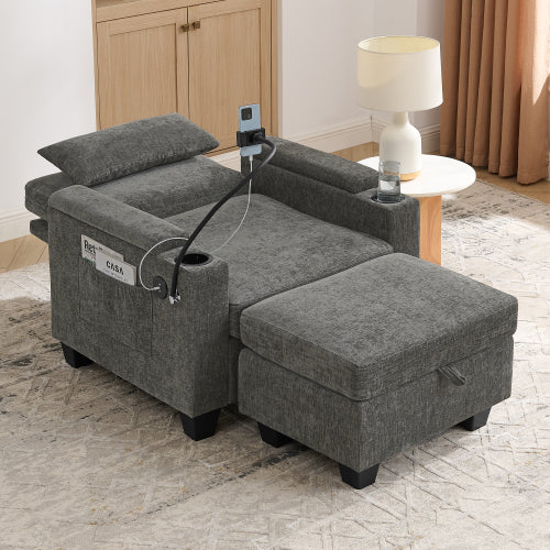 Gray Manual-Adjust Recliner Chair with USB, Storage & Ottoman