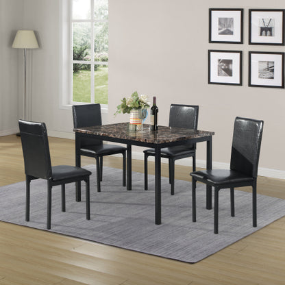 5-Piece Black Metal Dining Set, Faux Marble Top Table & 4 Dark Brown Faux Leather Chairs