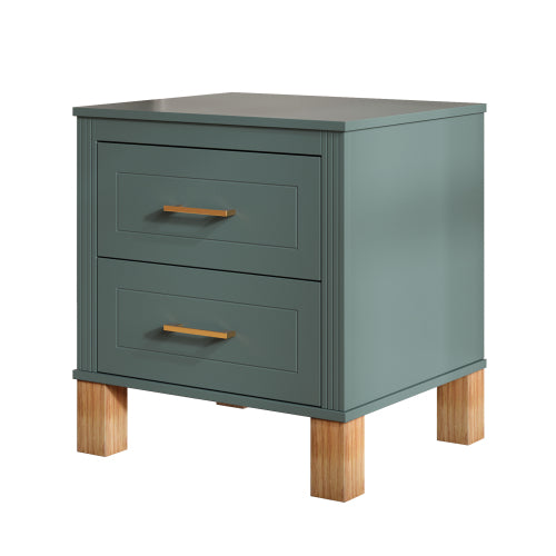 Blue Fluted Nightstand, 2-Drawer Bedside Table with Metal Handles & Solid Wood Legs