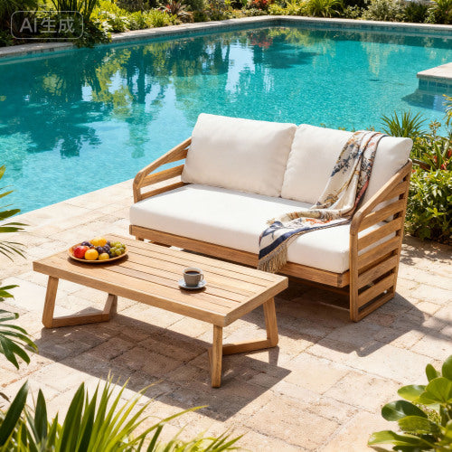 Royal Acacia Wood Loveseat and Coffee Table Set, Beige