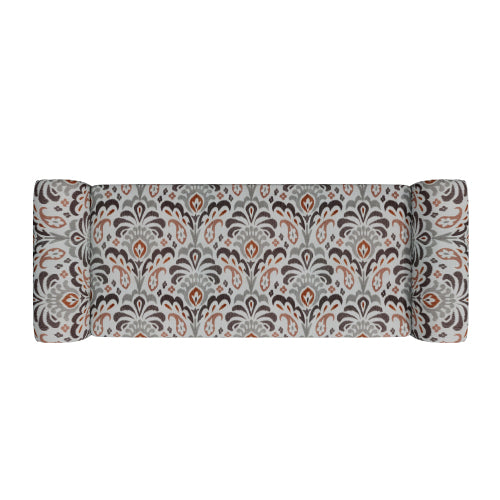 Traditional Rolled Arm Storage Bench Otttoman with Pewter Nailhead Trim in Amber Damask Pattern with Dark Brown Solid Wood Legs