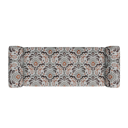Traditional Rolled Arm Storage Bench Otttoman with Pewter Nailhead Trim in Amber Damask Pattern with Dark Brown Solid Wood Legs