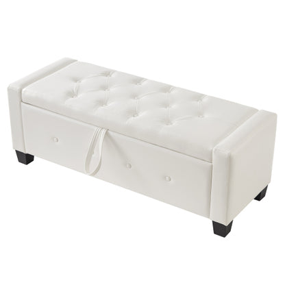 48'' Storage Ottoman Bench Tufted Faux Leather Upholstered Bench Ivory White