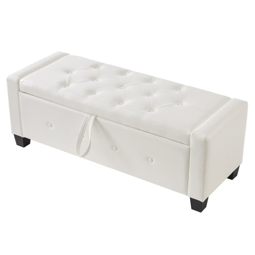 48'' Storage Ottoman Bench Tufted Faux Leather Upholstered Bench Ivory White