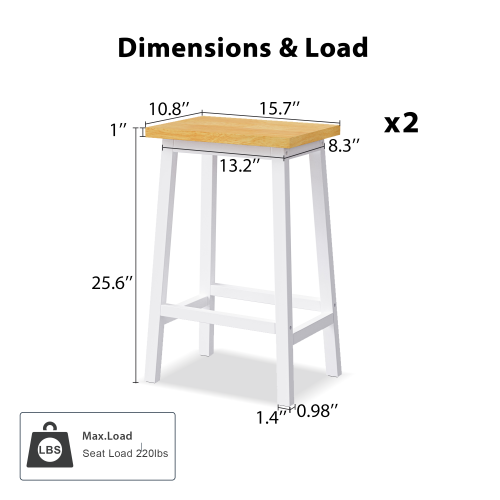 Solid Wood Bar Stools (Not Cheap Iron), 25.6inch Tall Set of 2 Bar Chairs, Kitchen Counter Stools with Footrests, Farmhouse Stools for Dining Room, Kitchen, Counter, White