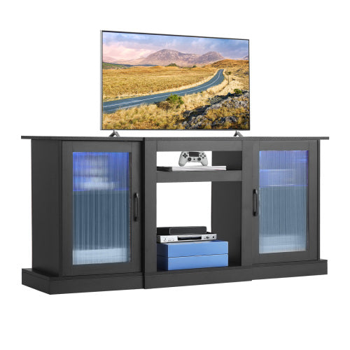 65 Inch Black Minimalist TV Stand with APP Remote LED Light Strips & Tempered Glass Doors