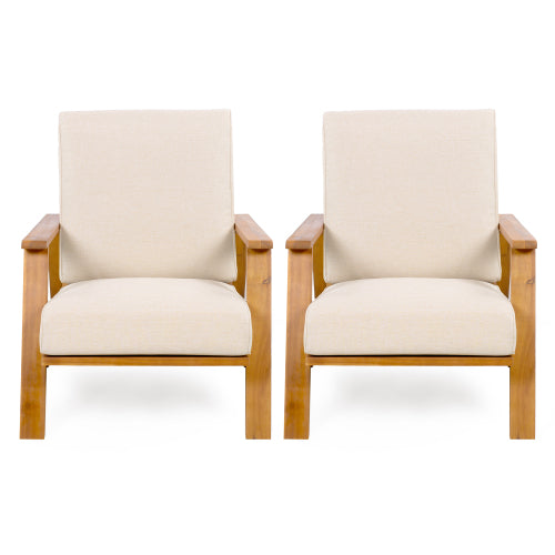 Patio Lounge Chair Set of 2, Outdoor Club Chair with Beige Cushion and Teak Acacia Wood Frame