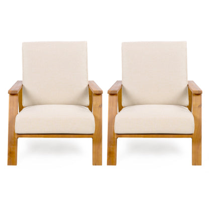 Patio Lounge Chair Set of 2, Outdoor Club Chair with Beige Cushion and Teak Acacia Wood Frame