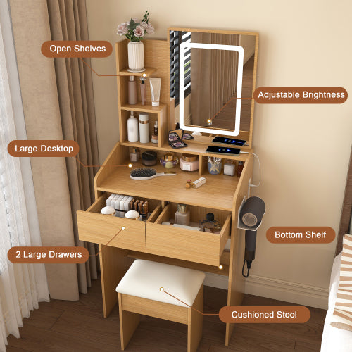 Vanity Table with LED-Illuminated Mirror, Power Outlet, Hairdryer Holder & Stool ¨C Compact Dressing Desk for Small Bedrooms(Wood)