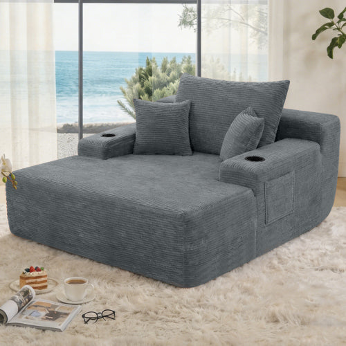 Grey Convertible Corduroy Boneless Chaise Lounge Sleeper Sofa-Bed with Cup-Holder Wide Armrest & Throw Pillows No-Assembly