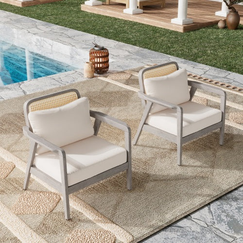(SET OF 2) Outdoor Acacia Wood Patio Club Chair, Patio Furniture,Waterproof Thick Cushion Deep Seating for Porch, Garden, Backyard, Balcony, Weight Capacity 400lbs, Light Gray finish, Cream cushion