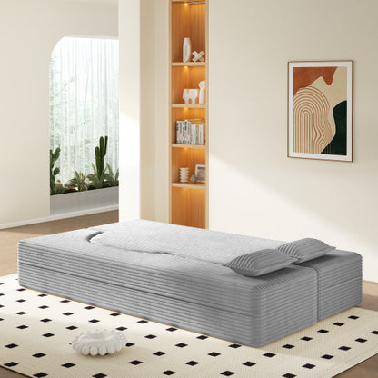 Light-Grey Twin-Size Corduroy Convertible Floor Sofa-Bed,2 Pillows