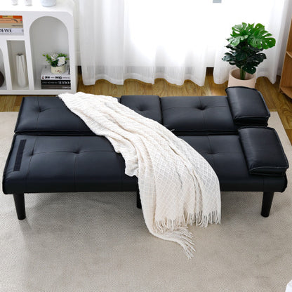 67-Inch Black PVC Multi-Functional Foldable Sofa Bed with Built-In Cup Holder