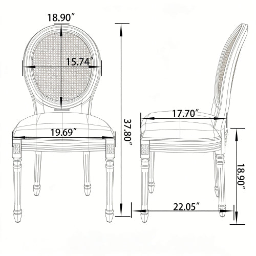 Set of 2 Beige Fabric French Country Rattan Round Back Dining Chairs, Black Solid Wood Frame Disassemblable Chairs