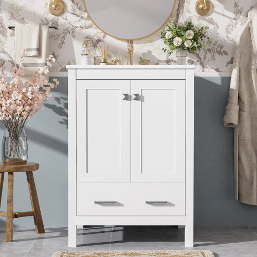 24-inch bathroom vanity with integrated undermount basin and a storage cabinet featuring 2 doors and 1 drawer. Includes double-layer door shelf, soft-close design, and versatile storage solutions