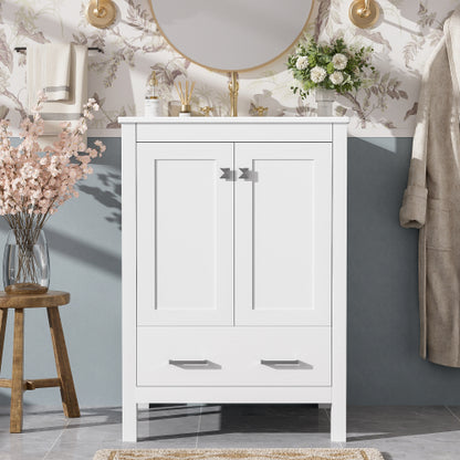 24-inch bathroom vanity with integrated undermount basin and a storage cabinet featuring 2 doors and 1 drawer. Includes double-layer door shelf, soft-close design, and versatile storage solutions