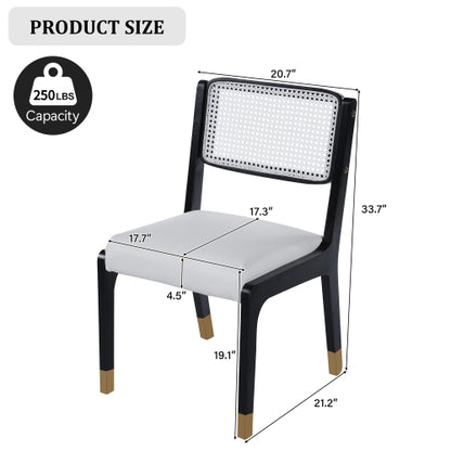 Set of 2 Modern Farmhouse Dining Chairs with Rattan Back, PU Leather Seat and Solid Wood Legs, Black