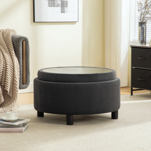 29.33 inch Grey Fleece Round Storage Ottoman, Hand Buckle Decor Reversible Lid Footstool, 300 LBS