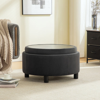 29.33 inch Grey Fleece Round Storage Ottoman, Hand Buckle Decor Reversible Lid Footstool, 300 LBS
