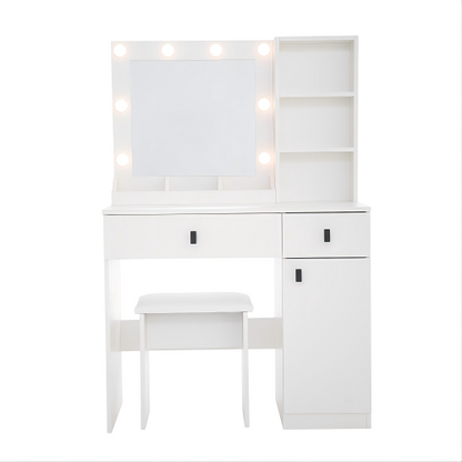 White Vanity Desk with Lights & Mirror, Large Drawers & Three Level Storage, 3 Lights Brightness Adjustable