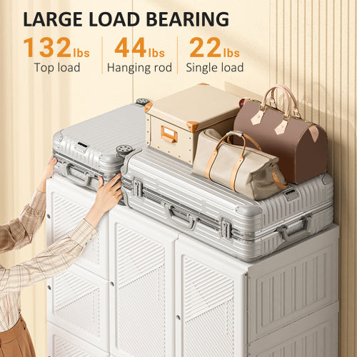 Portable Wardrobe Closet, Folding Bedroom Armoire, Clothes Storage Organizer with 11 Cube Compartments, Hanging Rod, Magnet Doors, White