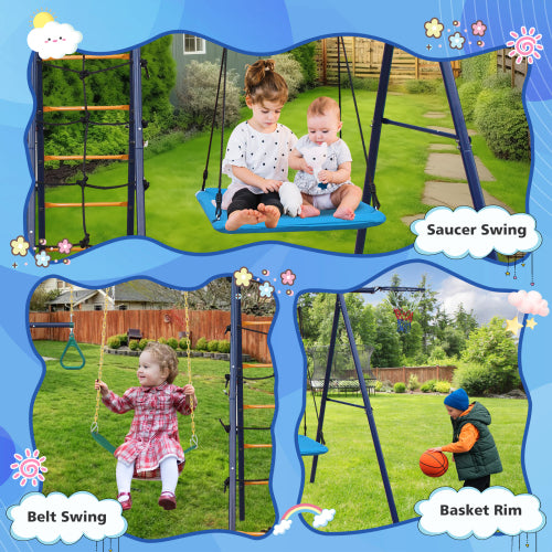 6 in 1 Swing Set With Climbing Ladder, Climbing Net, Trapeze bar, Hammock Swing, Belt Swing, Basketball hoop for Backyard