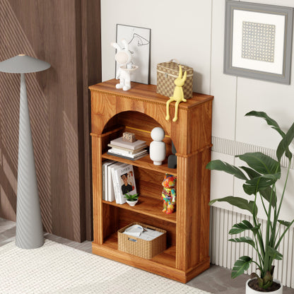 Light Walnut 3-Tier Arched Open Bookshelf Beaded Trim Eco-Friendly Wood Living Room Hallway Display Shelf