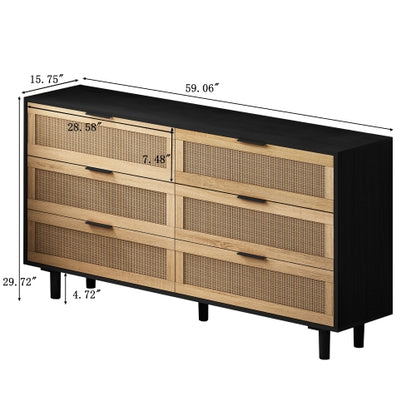 59 Inch Black Rattan 6 Drawer Storage Cabinet Dresser for Bedroom Living Room Anti Tip