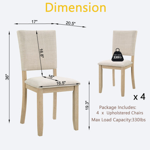 Dining Chairs Set of 4, Light Oak & Beige, Padded Seat, Solid Wood Frame