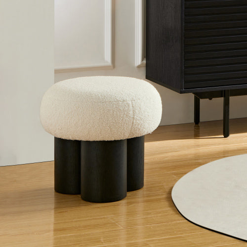 White Teddy Mushroom Ottoman Foot Stool, Imitation Wood Leg Cute Round Accent Seat for Entryway Bedroom
