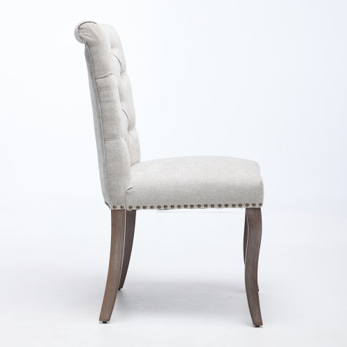 Upholstered Chenille Dining Chair Set of 2, Tufted Accent Chair with Curved Solid Wood Legs, Beige
