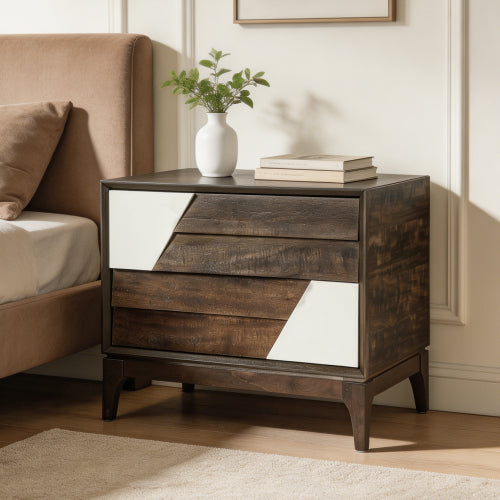 Brown & Cream White Japandi Nightstand, 2-Drawer Angled Patchwork Bedside Table with Tapered Legs