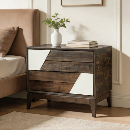 Brown & Cream White Japandi Nightstand, 2-Drawer Angled Patchwork Bedside Table with Tapered Legs