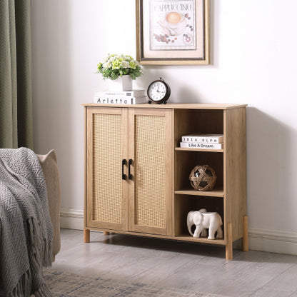 Mid Century Rattan Storage Cabinet with Open Shelves