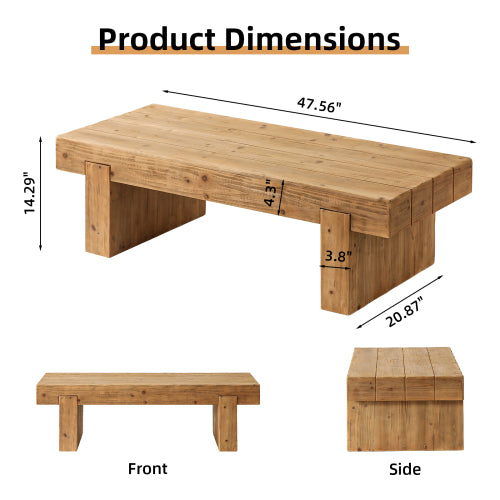 Rectangular Farmhouse Solid Wood Coffee Table, Low Profile Rustic Accent Table