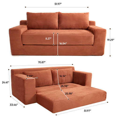 Orange Memory-Foam Convertible Loveseat Sofa-Bed Steel-Frame Corduroy No-Assembly Couch for Small Spaces