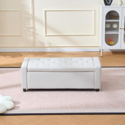 48 inch Beige Faux Linen Tufted Storage Bench, Safety Hinge Armrest Ottoman for Bedroom Entryway Living Room