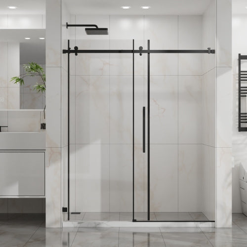 Goodyo 60" W x 72" H Sliding Shower Door, Frameless Sleek Glass Shower Door, 1/4" (6mm) Thick Tempered Clear Glass with Easy-clean Coating, Stainless Steel Hardware, Matte Black