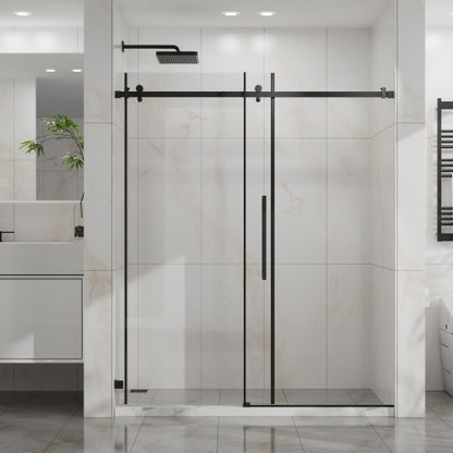 Goodyo 60" W x 72" H Sliding Shower Door, Frameless Sleek Glass Shower Door, 1/4" (6mm) Thick Tempered Clear Glass with Easy-clean Coating, Stainless Steel Hardware, Matte Black