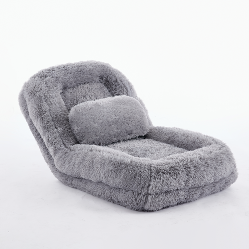 Light Gray 5-Position Adjustable Human-Size Floor Sofa Bed, Plush Faux Fur