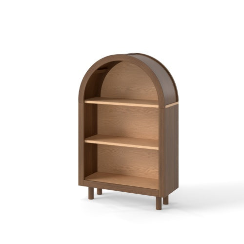 Walnut Arched Top 3-Tier Open Bookshelf Glaze Finish Storage Cabinet for Living Room Entryway Bedroom
