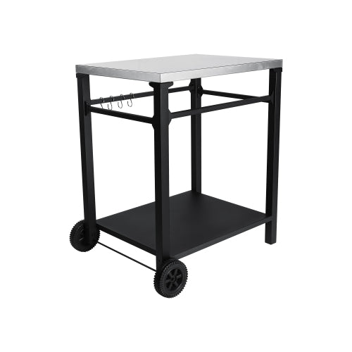 2-Tier Outdoor Grill Cart with Stainless Steel Top, Large Wheels & Tool Hooks, Movable BBQ Prep Table, Rolling Serving Bar Cart for Patio, Backyard, Pizza Oven Stand, Black